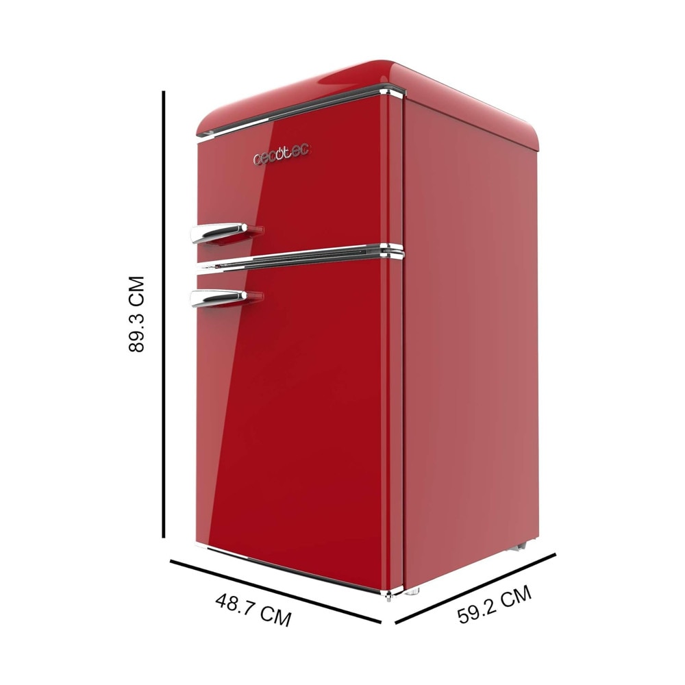 Mini frigider Retro Cecotec, Bolero CoolMarket Mini, Total No Frost, 86 litri, H 89.3 cm, congelator 26 litri, 2 rafturi sticla securizata, 1 sertar pentru fructe/legume cu control temperatura/umiditate, rosu