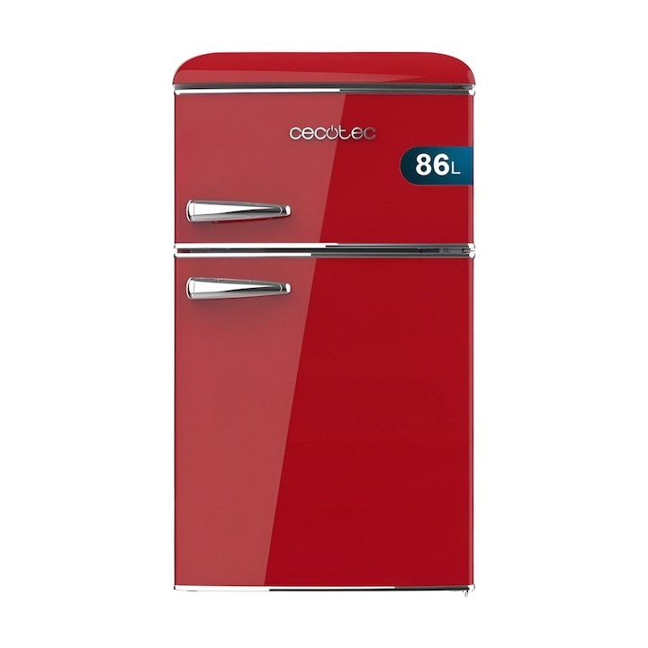 Мини хладилник Retro Cecotec, Bolero CoolMarket Mini, Total No Frost, 86 литра, H 89.3 см, фризер 26 литра, 2 стъклени рафта, 1 чекмедже за плодове/зеленчуци, LED осветление, ръчно регулируем термостат, идеален за хотел/хижа/каравана/офис, червен