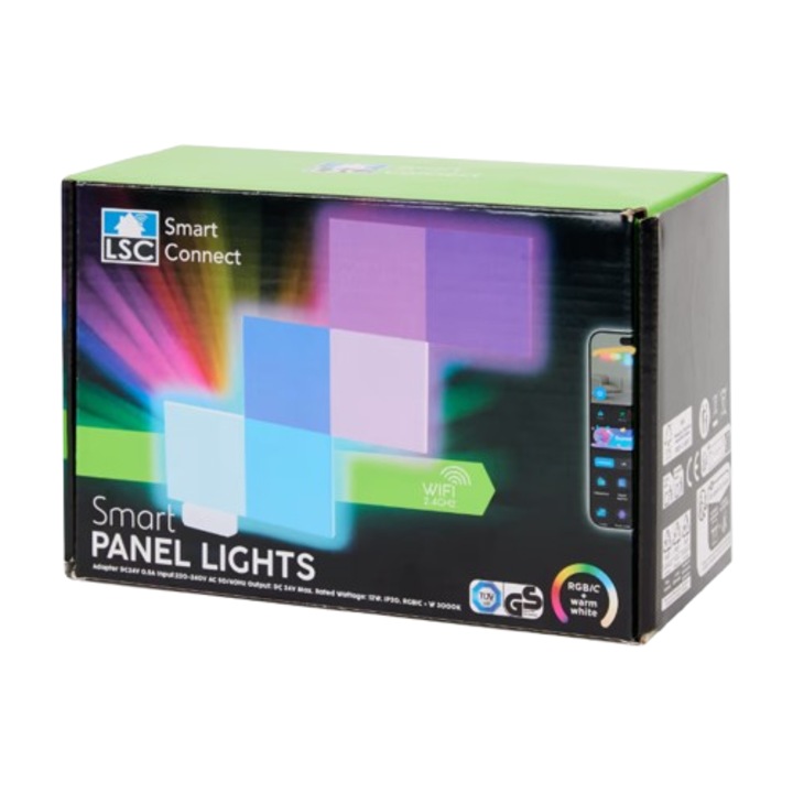 Kit panouri luminoase LED RGBIC inteligente, Smart LSC Connect, Wi-Fi 2.4 GHz, Control din Aplicatie, Iluminare Ambientala Moderna, 6 bucati, 12 x 12 cm per bucata