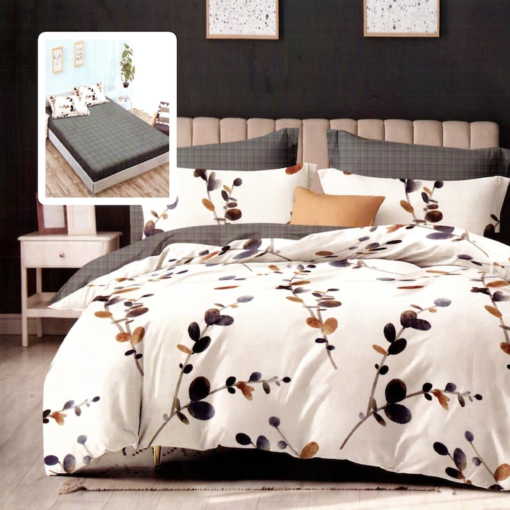 Lenjerie pat dublu NufJoy Finet Gros 6 piese, Cearceaf elastic 160x200/180x200 cm, Cearceaf pilota 200x230 cm, Gri cu ramuri