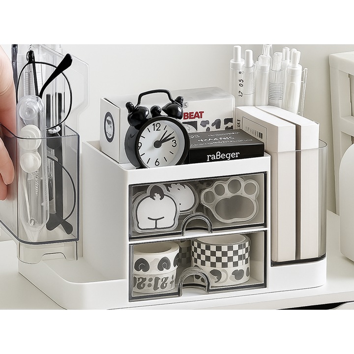 Multifunkcionális asztali rendszerező, 19.5 x 10 x 10 cm, 2 fiók, 5 rekesz