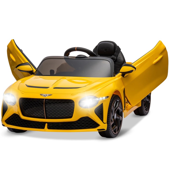Masina electrica pentru copii 12V, Masina ride-on, Siguranta pentru copii, Usi tip foarfeca, Suspensie, 3 viteze, Lumini LED, 14+ ani, Galben