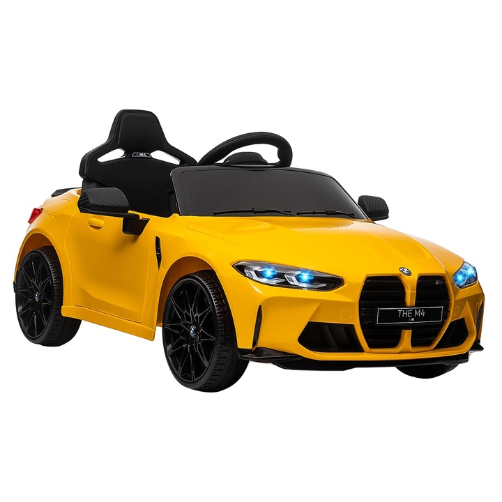 Masina electrica pentru copii, 2 moduri de conducere, lumini LED, galben, 4 roti, capacitate maxima 30 kg