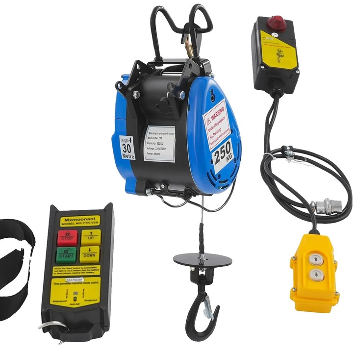 Troliu electric, 230V, putere 1500W, lungime cablu 30m, capacitate de incarcare 250kg, telecomanda wireless