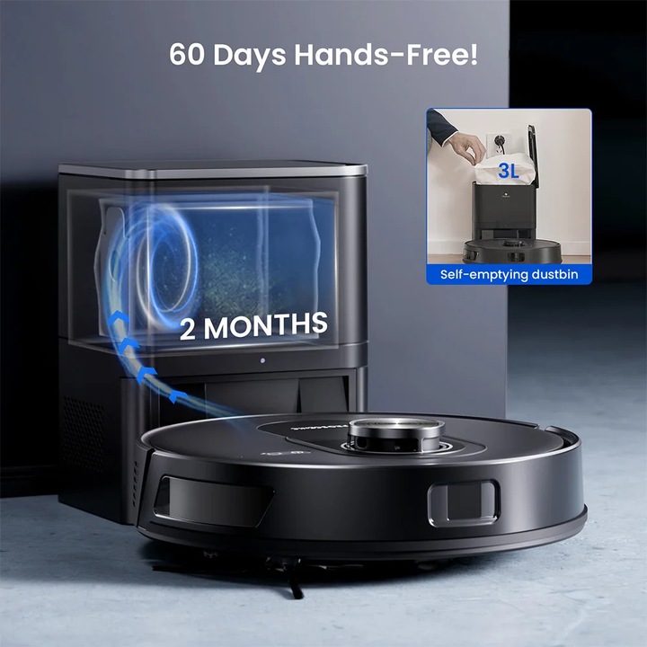 Aspirator robot cu mop, Q8 Max+, Putere de aspirare 8000 Pa, Autonomie 200 min, Auto-golire 60 zile, Sac praf 3 l, Control prin aplicatie, Stecher EU, Negru