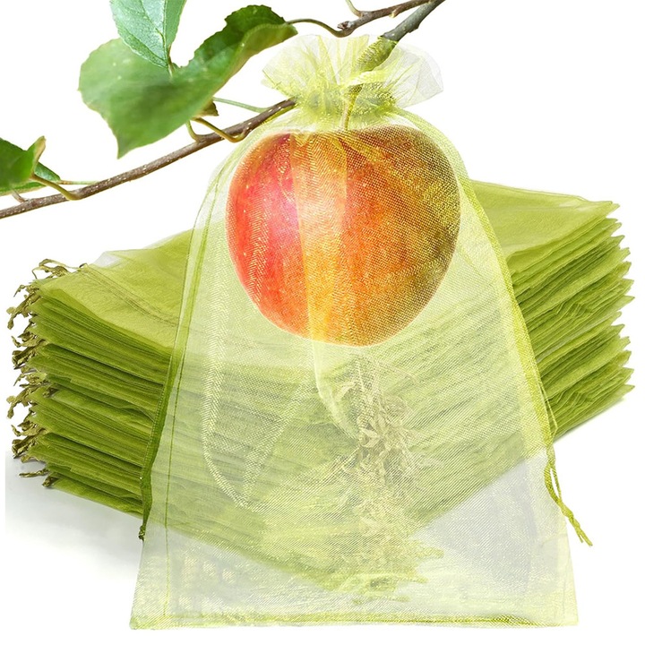 Set 20 huse protectie fructe, pentru plante de gradina pentru fructe, capsuni, struguri, Anti-Insecte Anti-Pasari Anti-Rozatoare, Reutilizabili, cu Snur, Verde, 17x23 cm