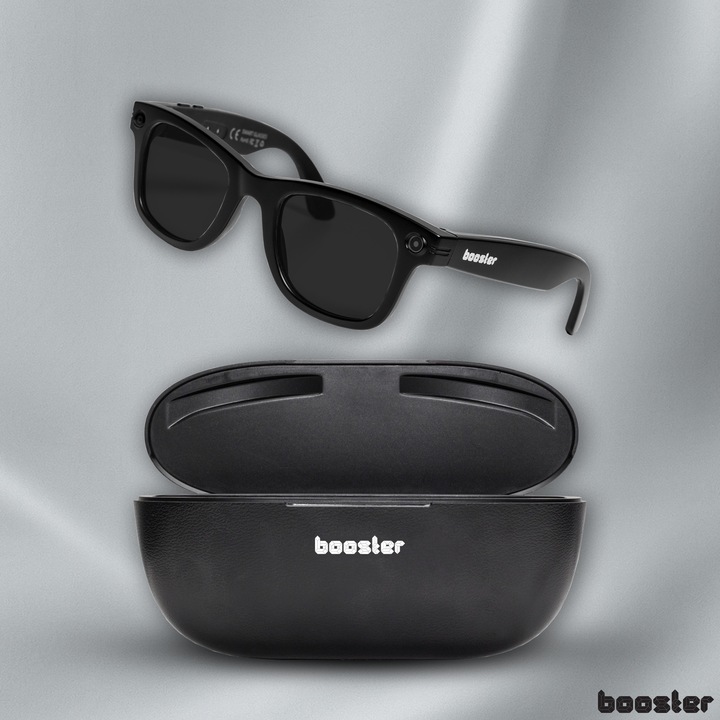 Ochelari Smart Booster Vision Pro, 8MP Camera, Control Vocal, Design Modern, Rezistent la Ploaie, Charging Case Black