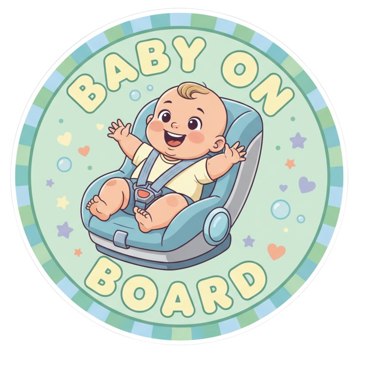 Sticker auto rezistent Baby on Board, baiat in scaunel, 15cm