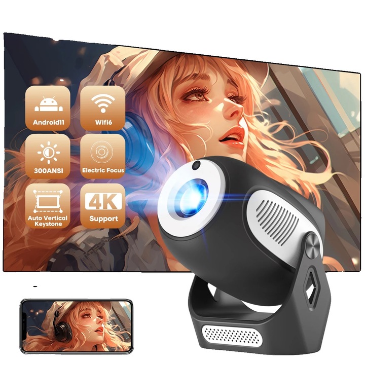 Videoproiector HY300-X, 40-200 inches, 1280x720 dpi, 9000 lumeni, negru