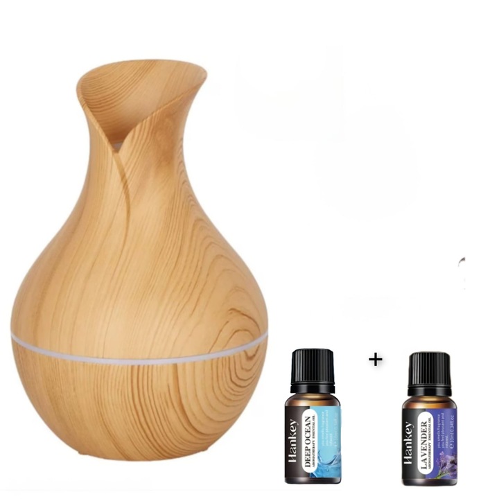 Difuzor de Aromaterapie in Forma de Vaza, 200ml, alimentare prin USB, difuzor cu ultrasunete, 7 culori -Fibre de lemn deschisa culoare, + 2 Uleiuri Esentiale Incluse