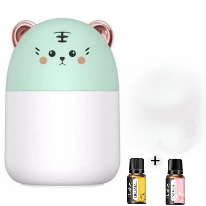 Difuzor Aromaterapie cu Ultrasunete – Design Ursulet Elegant VERDE, Lumina Ambientala LED + 2 Uleiuri Esentiale Lavanda si Ocean incluse