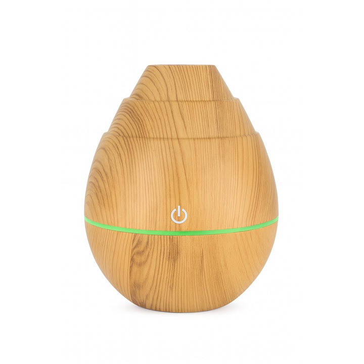 Umidificator ultrasonic cu difuzor aromaterapie, LED culoare schimbatoare, design lemn