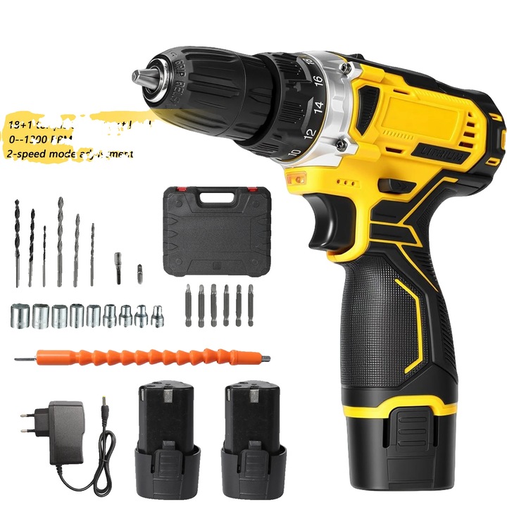 Машина за пробиване и завинтване, 29 части, 18 настройки на въртящия момент, 2 батерии, 12V, ергономичен дизайн