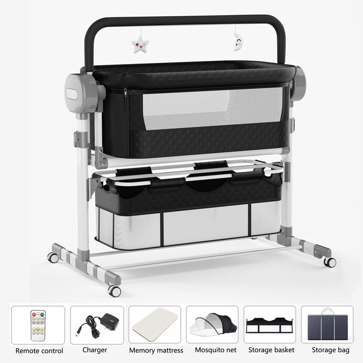 Patut portabil pentru bebelusi, patut pliabil cu roti blocabile 360°, laterale din plasa respirabila, reglare inaltime 6 cm, raft depozitare, 1-2 ani, negru