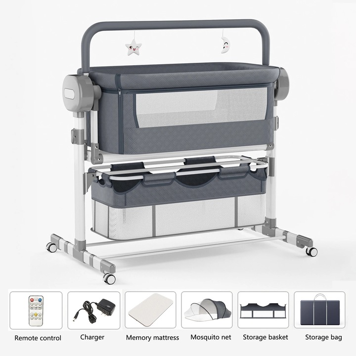 Pat portabil pentru bebelusi, patut cu roti, roti blocabile 360°, pliabil, laterale din plasa respirabila, reglaj inaltime 6 cm, pentru 1-2 ani, gri