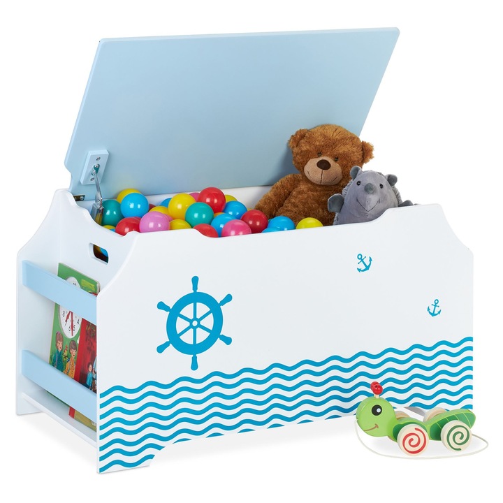 Cutie depozitare pentru jucarii Relaxdays, cu capac si compartinemt pentru carti, design tip maritim, 46 x 84 x 42, 5 cm, din MDF, Alb/Albastru