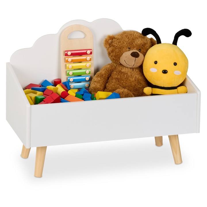Cufar pentru depozitarea jucariilor Relaxdays, 45 x 58 x 28 cm, din MDF si lemn de pin, Alb