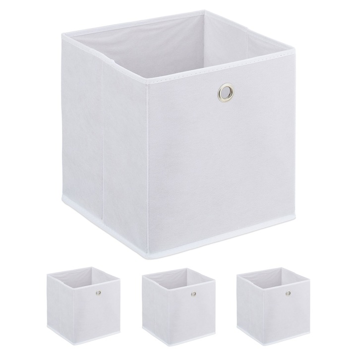 Set 4 cutii pentru depozitare Relaxdays, pliabile, 30 x 30 x 30 cm, din lana, Alb