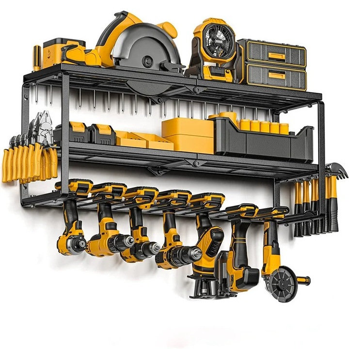 Raft de depozitare unelte, montat pe perete, 3 niveluri, negru