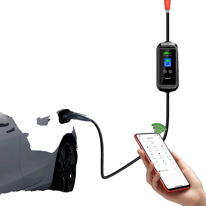 Hordozható elektromos járműtöltő, 11KW, WiFi vezérlés, 7m, Type 2, IP67, 11x38cm