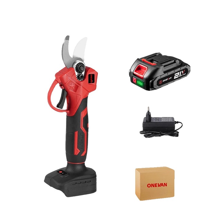 Foarfeca electrica de taiere, motor fara perii, design usor, rosie, set cu 1 baterie