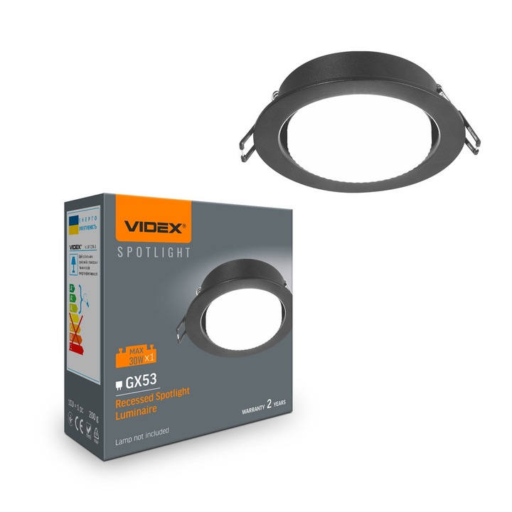 VIDEX GX53 beépíthető lámpatest, 30W, fekete, 30x108x108mm