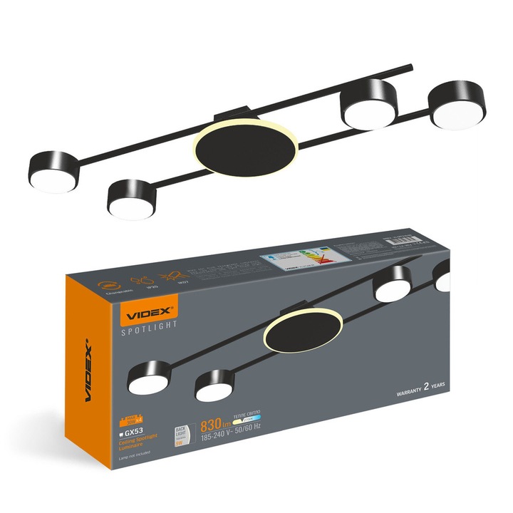 Spoturi LED 4X GX53, VIDEX, negru, 600x85x35mm