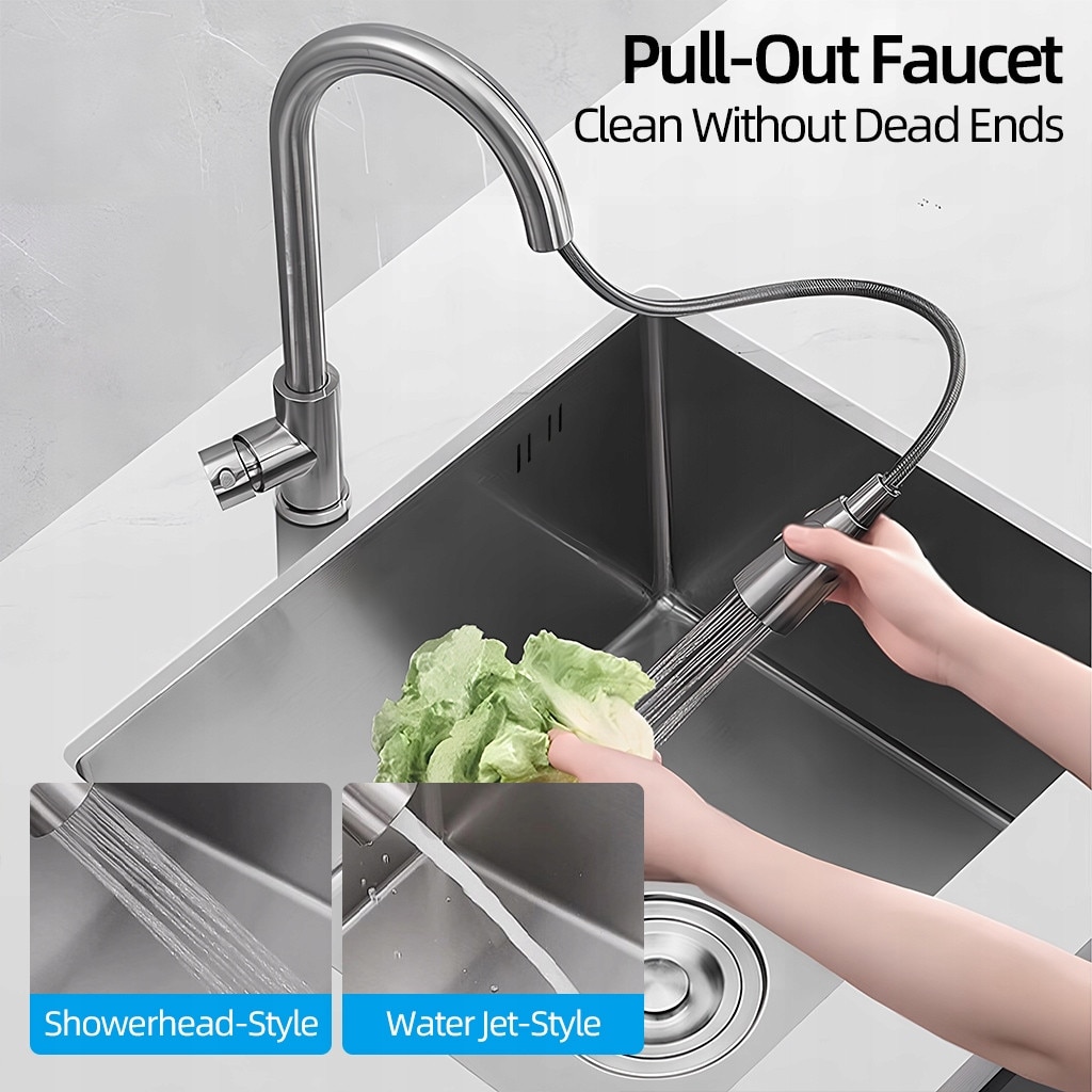Set chiuveta bucatarie inox, 68x45cm, cu robinet retractabil, argintiu ...