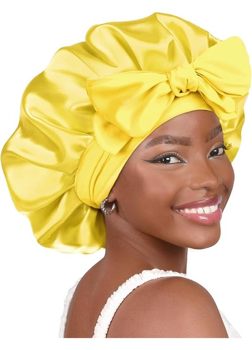 Caciula de dormit ajustabila din satin, design cu doua straturi, galben, marime mare