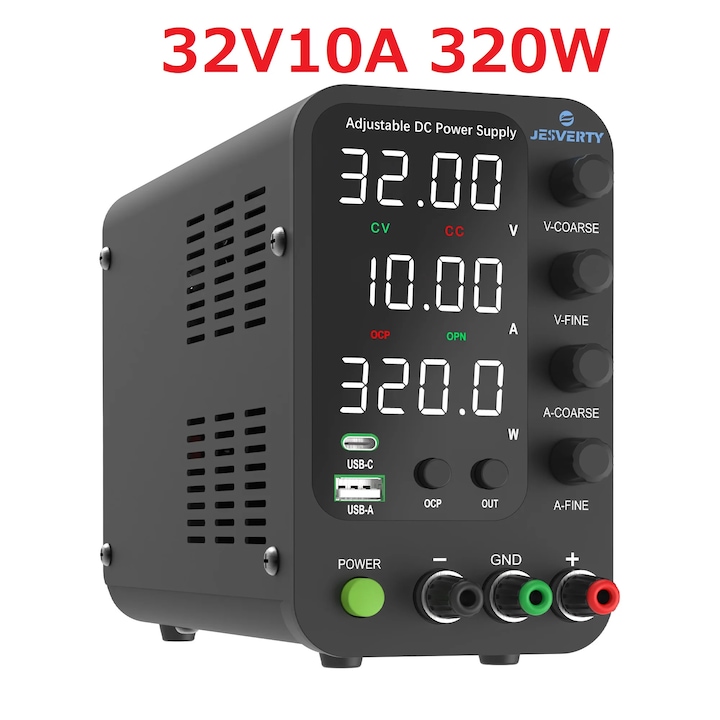 Sursa de alimentare de banc, iesire ajustabila 0-32V, 10A, 2 porturi USB, LED