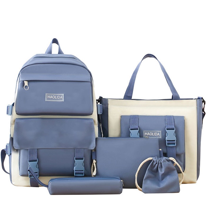 Iskolatáska szett, 5 részes, vízálló, kék, 15.75x11.81x5.9 hüvelyk