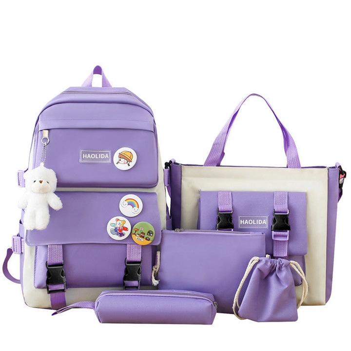 Iskolatáska és táskaszett, 5 darabos, vízálló, lila, 15.75x11.81x5.9 hüvelyk