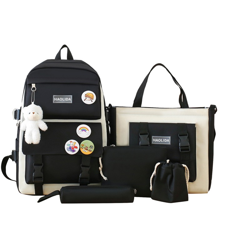 Set ghiozdan si genti, 5 piese, impermeabil, negru, dimensiune 15.75x11.81x5.9 in