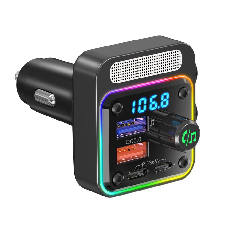 Incarcator auto SuooTci, Modulator FM, Bluetooth 5.3, 2 x USB, Gri inchis