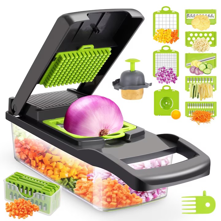Feliator manual MWAOWM 11 in 1, 8 lame interschimbabile, recipient pentru salata