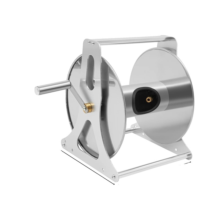 Kerti tömlőtartó, 50m kapacitás, falra vagy padlóra szerelhető, ezüst