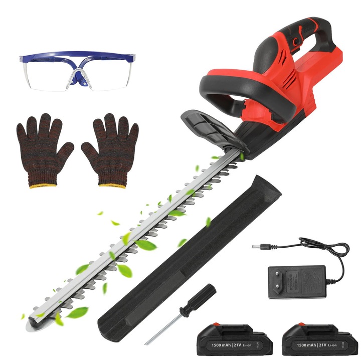 Trimmer electric pentru gard viu, 2000 RPM, 2 baterii incluse, rosu