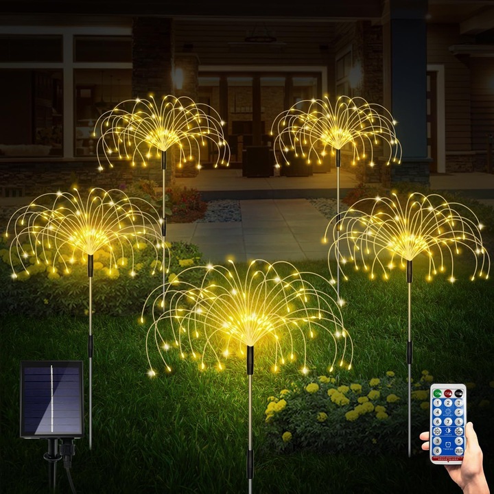 Set 5 lampi solare decorative de exterior, Aiorber, Alb cald colorate, courtyard, garden lights, 8 moduri de iluminare, 120 LED, IP65, telecomanda, usor de instalat, decoratiuni exterioare de peisaj