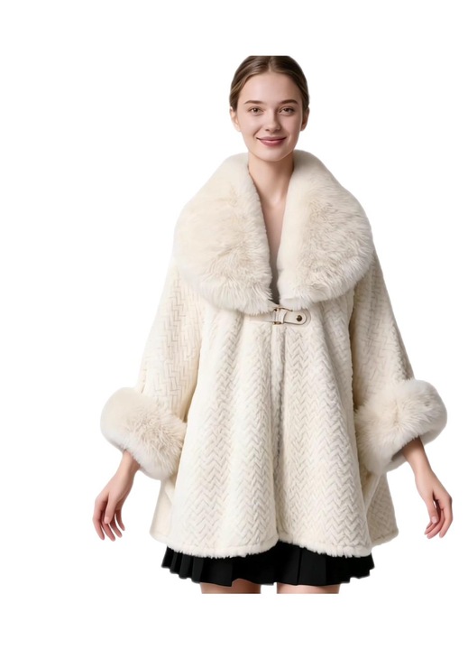 Palton dama, guler mare de blana, ingrosat, calduros, bej, One Size INTL