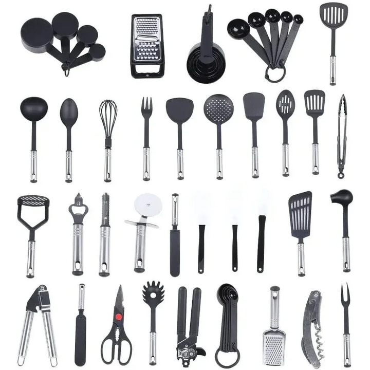 Set ustensile de bucatarie, 40 piese, design ecologic, negru/argintiu