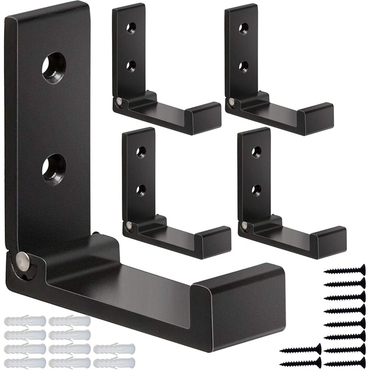 Cuier pliabil, set 5 bucati, metal, negru, 70x77mm, pentru haine, prosoape, montare pe perete