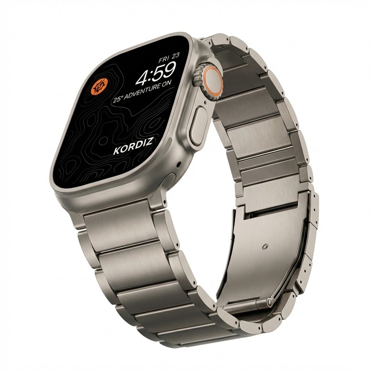 Curea bratara din Titan OIMG®, compatibila cu Apple Watch Ultra 1/2/3 49mm si Seria 4-11 44/45/46mm, ajustabila cu instrument inclus, Rezistenta la zgarieturi, Titan Natural
