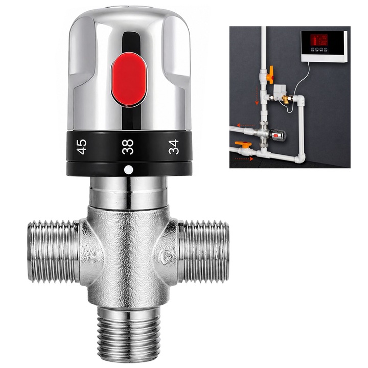 Vana de amestec termostatica, Regulator de presiune apa, Ultrixe, 30-80°C, Rezistent la coroziune si uzura, Usor de utilizat, Fara decolorare, Durata lunga de viata, Durabil, Argint