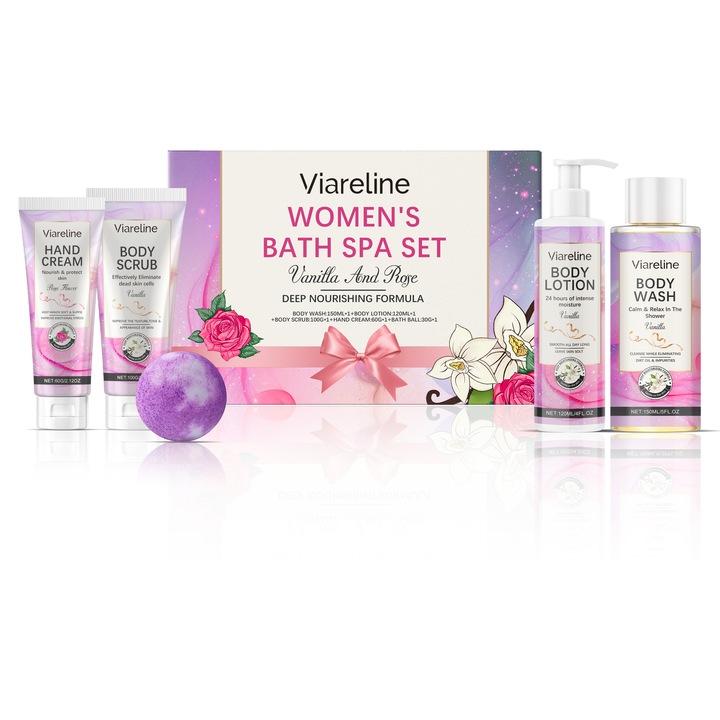 Parfümös fürdőkészlet nőknek, Viareline, tusfürdő, testápoló tej, bőrradír, kézkrém, fürdőbomba