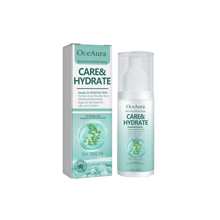 Spray herbal pentru acnee pe spate, Oce Aura, curatare si reparare, ulei de arbore de ceai, ulei de ceai verde