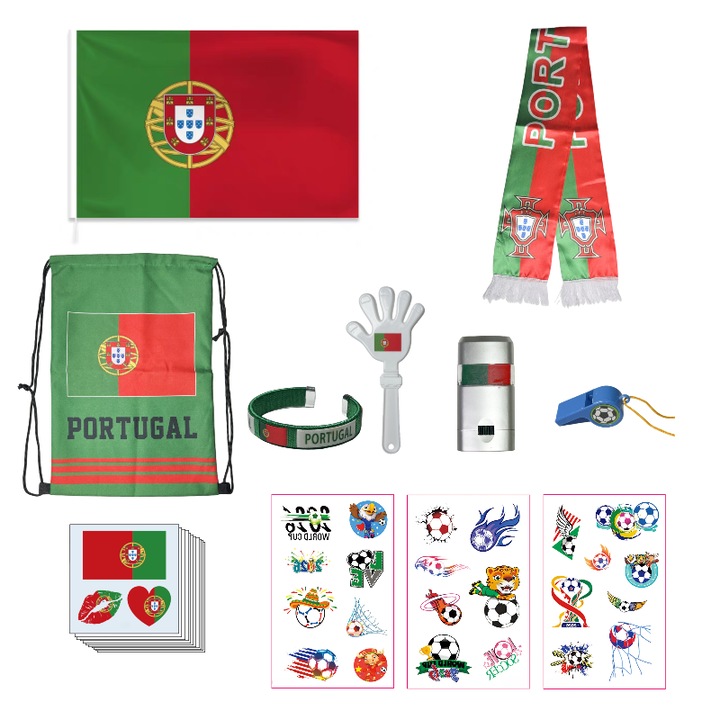 Set suporteri Portugalia CM 2026 – 20 piese: drapel, esarfa, rucsac, sacou, bratara, fluier, manusi, zanganeli, vopsea fata lavabila, 13 autocolante