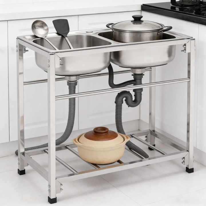 Chiuveta comerciala cu doua cuve, inox 304, 83x44cm, capacitate de incarcare 75kg, inaltime ajustabila 3cm