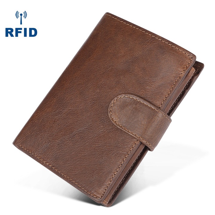 Многофункционален портфейл от естествена кожа, с RFID защита, шоколадов цвят