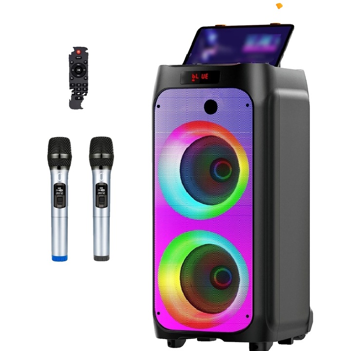 Karaoke gép, vezeték nélküli mikrofonok, továbbfejlesztett mélynyomó, T8, többszínű, kompakt méretek