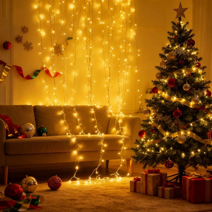 LED светеща гирлянда, клъстер, 50 м 500 LED, IP65 водоустойчива, 12 V AC, ЕС щепсел, външна, топло бяла
